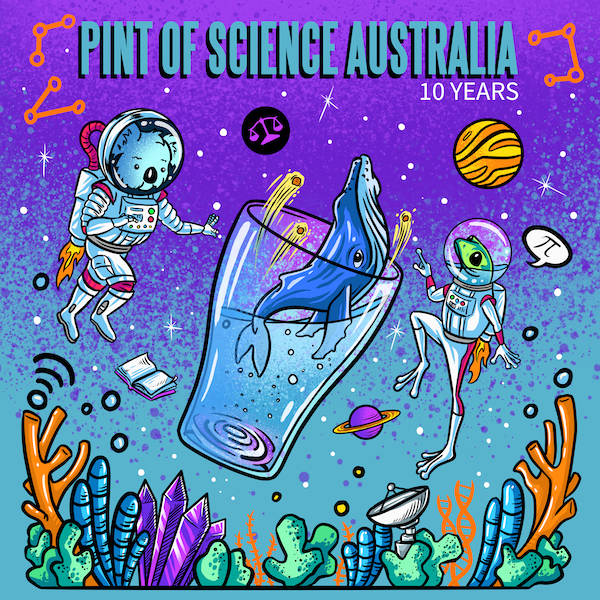 2024 festival artwork: koala, frog and whale in a pint glass, floating in space with coral underneath.
